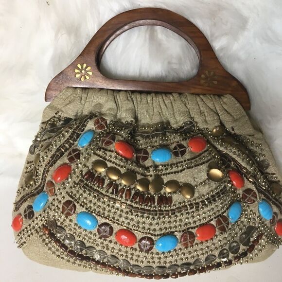 Aldo khaki canvas beads wooden handle satchel bag - Picture 4 of 11